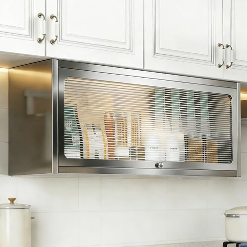 INOX 304 Armoire de Rangement Murale d'angle 220mm Profondeur Vitre Cannelée Porte Relevable Charnières Hydrauliques Silencieuses Armoire Murale Salle de Bain(50cm(20in))