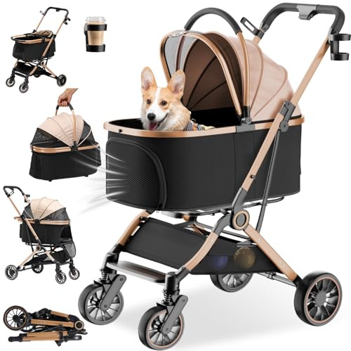 GTPLAYER Passeggino per cani pieghevole fino a 25 kg, ruota anteriore in EVA girevole a 360°, 4 in 1, carrello pieghevole per gatti con tenda da sole regolabile a 180° e portabevande, dorato