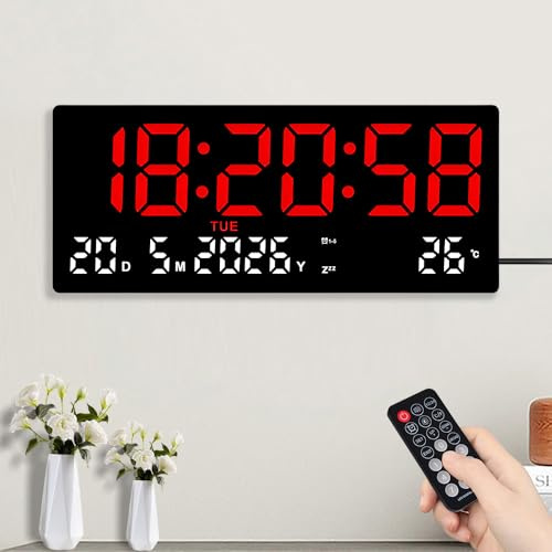 Jonuin Large Digital Wall Clock, 15.5 LED Digital Wall Clock Powered by Cord with Remote Control, Seconds, Date, Week, Temperature, 2 Alarms, Wall & Desk Clock for Living Room, Kitchen, Garage (Red)