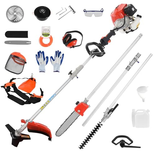 Débroussailleuse Thermique 5 en 1 Multitool, 52 cm³ 2 Temps 3 CV – Coupe-Bordure, Taille-Haies et Élagueuse sur Perche avec Tête à Fil, Lame 3 Dents et Lame 40 Dents
