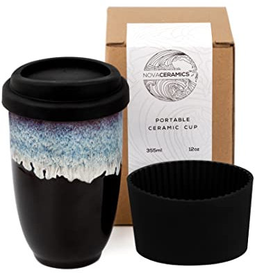 NOVA CERAMICS Travel Mug - Ceramic Travel Mug with Lid – Travel Coffee Mug Unique to Go Cup – Microwave & Dishwasher Safe Coffee Tumbler - Gifts for Women Men Him Her – 12oz - Monsoon