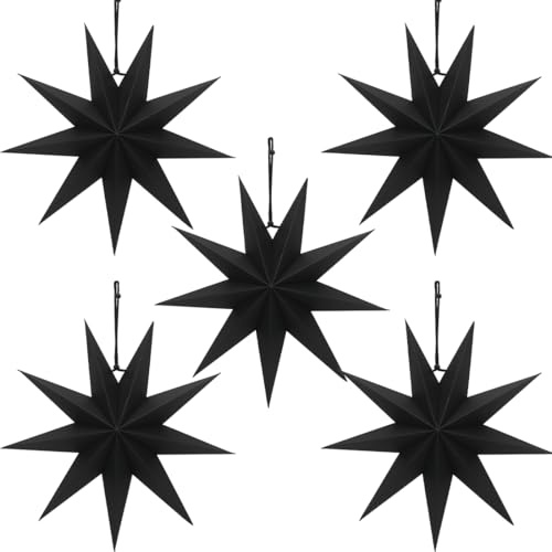 Sprinlot Papiersterne Weihnachten Schwarz, 5 Stück 30cm Weihnachtsstern, 9 Zacken Papiersterne zum Aufhängen, Faltsterne Sterne für Weihnachten Hochzeit Tischdeko Fensterdeko