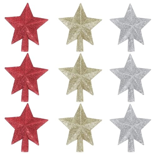 BESTonZON Christbaum Topper Weihnachtsbaumspitze Stern Kunststoff:Golden Silber Rot 12cm Glitzer Sterne Christbaumspitze 9Stücke Weihnachten Party Festival Dekoration Tannenbaum, 12x10cm