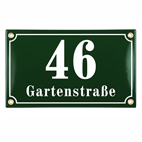 Sosenco Husnummerskylt husnummer med gatunamn – 25 x 15 cm – keramisk emalj – väderbeständig – personlig (grön)
