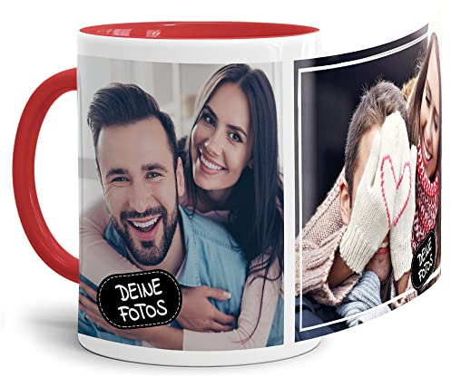 Foto-Tasse zum selbst gestalten mit Foto-Collage für 2 Wunschfotos - Geschenk für Familie, Freunde, Geburtstag, Weihnachten - Keramik Innen & Henkel Rot, 300 ml I Personalisiert