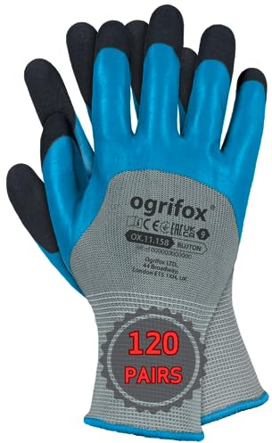 Ogrifox OX-BLUTON 11.158 Gants de protection en latex, gants de travail, gants de jardinage Gris/bleu/noir, taille 9, 120 paires