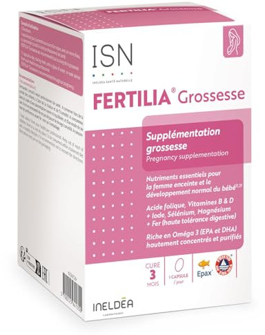 ISN - Fertilia® Grossesse - Complément alimentaire à base de nutriments essentiels pour le bien-être de la femme enceinte & le développement de bébé - Riche en Omega 3 - Cure 3 mois