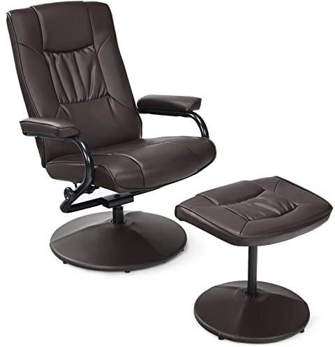 COSTWAY Swivel Recliner Chair with Footstool, Faux Leather Executive Reclining Armchair Single Sofa Chair, High Back Leisure Padded Seat Lounge Chair for Living Room, Bedroom and Office (Brown)