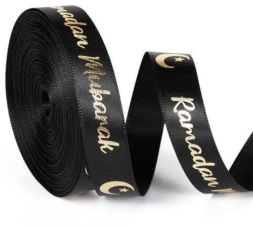 Cindeer 20 Yards Ramadan Mubarak Schleifenband Eid Mubarak Satinband Ramadan Kareem Geschenkband für Geschenk Verpackung DIY Basteln Muslim Party Zubehör, 16mm Breit (Schwarz und Golden)