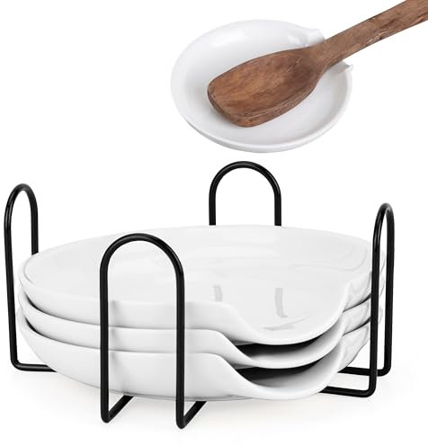 Belle Vous 4 Pack of White Ceramic Spoon Rests with Holder - 13.5cm/5.3 Inches Round Trays - Kitchen Counter/Stove Top Utensil Holder Rest for Cooking Spoons, Spatulas & Other Cookware