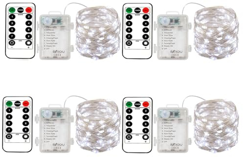 BXROIU 4 x 50er Micro LED Lichterkette Batterie 8 Modi, mit Fernbedienung Timer,auf 5Meter Silberdraht für Party, Garten, Weihnachten, Halloween, Hochzeit und zur dekorativen Beleuchtung (Kaltes Weiß)