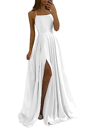 xxxiticat Vestido largo para mujer, elegante, de satén, línea A, vestido de noche, sexy, espagueti, vestido de novia, vestido largo de princesa de dama de honor, Blanco, XL