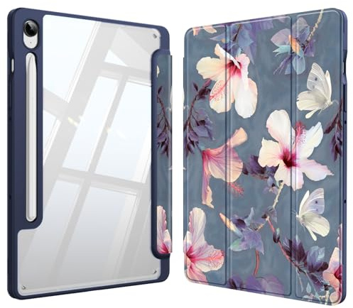 Fintie Hybrid Hülle für Samsung Galaxy Tab S10 Lite/S10 FE/S9 FE 10.9 | Stoßfeste Schutzhülle mit Transparenter Hartschale auf der Rückseite, S Pen Halter, Auto Sleep/Wake, Hibiskus