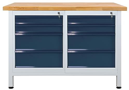 PROREGAL Werkbank Rhino mit 8 Schubladen | HxBxT 84x120x60cm | Traglast 300kg | Lichtgrau/Anthrazitgrau | Werkstatttisch Werktisch Packtisch Arbeitstisch