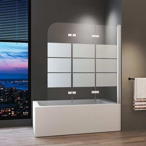 Duschwand für Badewanne 140 x 140 cm Silber 3-teilig Faltbar Duschtrennwand Trennwand Badewannenwand mit Eleganten weißen Gestreift Mit 6mm Nano Glas
