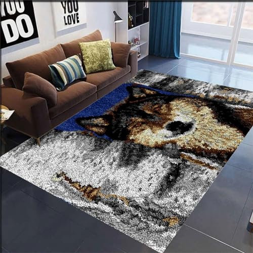 AMBATTERY Knüpfkissen Wolf Tier Großer Riegelhakenteppich,vorgedrucktes Muster Leinwandteppich Stickerei Handwerk für Erwachsene Kunsthandwerk DIY Teppich 31x63in