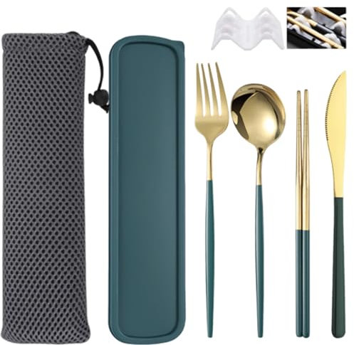 Fleymu 4 Piezas de Cubiertos para Llevar, Cubiertos Camping de Acero Inoxidable con Estuche y Bolsa de Almacenamiento, Juego de Palillos de Cuchillo, Tenedor y Cuchara para Oficina（Oro verdoso）