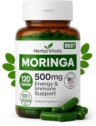 HerbaVitals Moringa Pure Capsules 500 mg -120 CT | Pure Moringa Oleifera Leaf Powder Supplement | Moringa Capsules Powerful Green Superfood | Super Greens Powder Pills | Non-GMO, USA Lab Tested