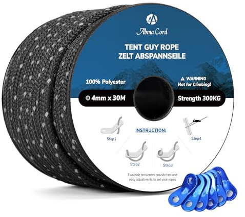 Abma Cord Abspannseile Zeltschnur 4mm 30M Zeltseil Schnur mit 6 Stück Aluminum Spanner - Max. 300kg - Reflektierend Schwarz, AC-Z430-FG-HEI