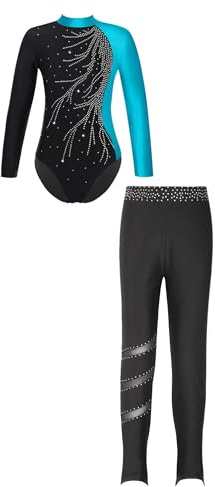 Alvivi Kinder Mädchen Turnanzug Gymnastikanzug Ballettanzug Langarm Tanzbody mit Leggings Hose Sport Trainingsanzug Wettkampf See Blau&Schwarz 146-152