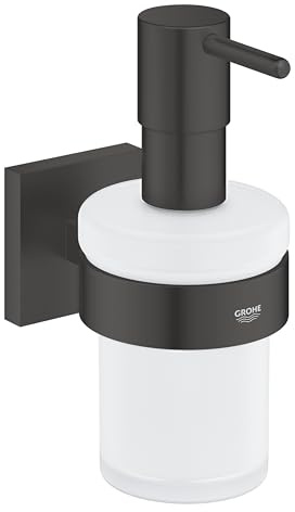 GROHE Start Cube, klebbarer Seifenspender für das Bad, ohne Bohren (Füllmenge 160ml, mit Halter, verdeckte Befestigung, inkl. Schrauben und Dübel, Kleber separat kaufen), eckig, schwarz, 410982430