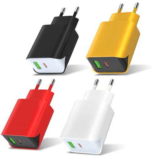 SCHITEC Pack de 4 chargeurs USB-C 20W, avec 2 Ports PD + QC 3.0 18W. Prise de Charge Rapide pour iPhone 15/14/13/12/11, pour Samsung Galaxy S22/S21, Google Pixel. 4 Couleurs.