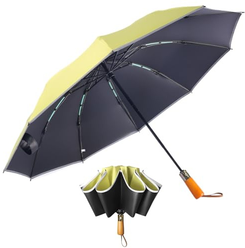 FATONESA Regenschirm Reverse Falten UV Schutz Winddicht Reflektierende Streifen Echtholz Griff Automatisch Öffnen Schließen Auto Regenschirm