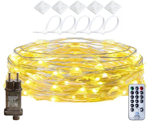 RcStarry 10M LED Lichterkette Draht aus Silberdraht, 100 LEDs Wasserdicht IP65 Weihnachten LED Lichterkette mit Stecker, Fernbedienung, Timer, 8-Modi, Speicher für Außen, Innen Deko. Warmweiß