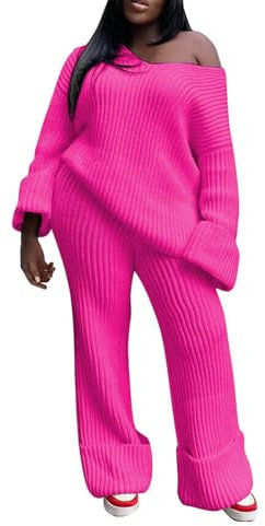 Hosenanzug für Damen und Mädchen 2024, modisch, 2 Outfits, langärmelig, V-Ausschnitt, Strickpullover, Tops und Hose mit weitem Bein, Streetwear-Set, Damen-Arbeitsanzüge und Kleider, hot pink, 48