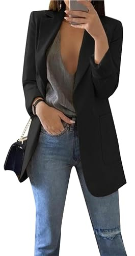 ZICUE Femmes Automne Casual Manches Longues Revers Blazer Ouvert Devant Couleur Solide Blazer Léger Bureau Blazer Veste Noir L