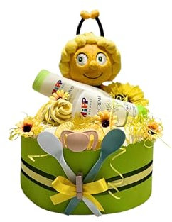 Windeltorte in Handarbeit hergestellt Geschenk zur Geburt Taufe oder Babyparty incl. Kuscheltier, Schnuller, Beißring, Babylöffel und Qualitätswindeln (S)