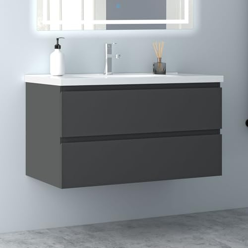 Biubiubath Badezimmermöbel 100cm Keramik Waschtisch mit Unterschrank Badmöbel Set Badezimmerschränke mit 2 Soft-Close Schubladen Dunkelgrau Matt