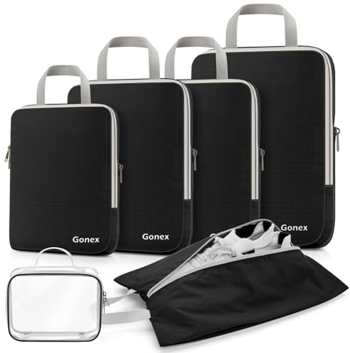 Gonex Organizer Valigie 6 Pezzi Set, Stoccaggio di Borse per Imballaggio Portatili per l'abbigliamento Cosmetico Cubi Espandibili, Packing Cube Set Viaggio Organizer, Nero