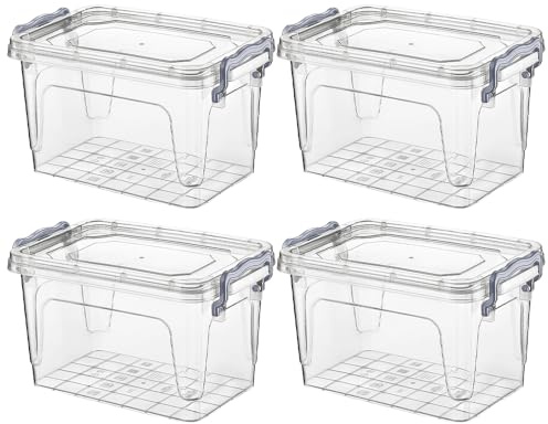 4 Pcs x 1 Liter Plastic Storage Box with Lid Clip Multipurpose Clear Rectangle Container Transparent Heavy Duty Stackable Box Ideal for Home, Office, Kitchen, Food, Toys, Closet, Animal Feed