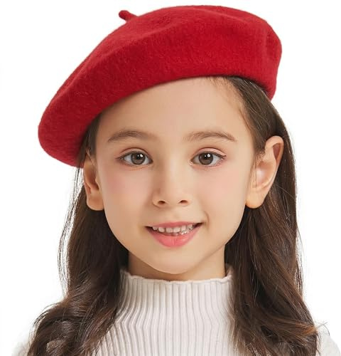 ZLYC Wool Kids Beret Hat Girls Solid Color Artist French Beret Cap, Traditional Red