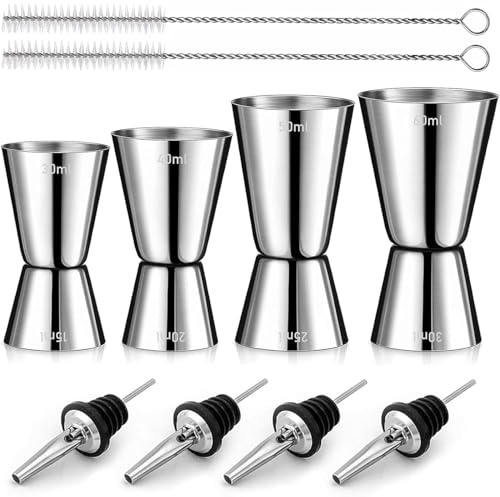 AHEJIOO 4 Stück Cocktail Messbecher Set, Edelstahl Jigger 3cl/4cl/5cl/6cl, Doppelmaß Barmaß mit 4 Flaschenausgießern & 2 Reinigungsbürsten, Professionelles Cocktail Zubehör für Bar und Party