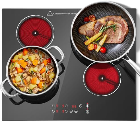 KICHPOWER Plaque Vitrocéramique 4 feux, Plaque de cuisson Electrique 60cm, Plaque Electrique Encastrable, Commande Tactile, 6000W 9 Niveaux de Puissance, Minuterie 1-99 min, Pour toutes les casseroles