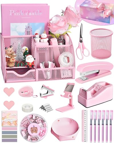 Pink Desk Accessories, 24Pcs Pink Office Supplies and Desk Organizers, with Tape Dispenser, Stapler, Staple Remover, Ect, Gift Box Packaging