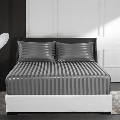 Luofanfei Sábana Bajera Ajustable Gris Oscuro para Cama 180 - Sabana Saten Satinada de Brillo Lustroso Patrón de Rayas 180x200 cm para Colchón de 30cm de Altura