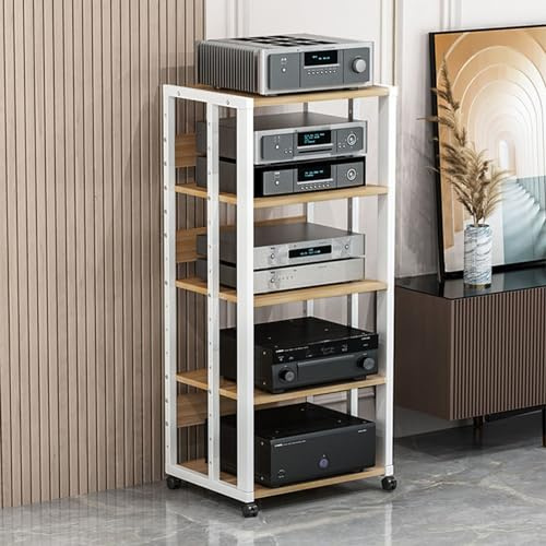 ASumPio 5-Stufiger Av-Medienständer, Eckregal, Cd-DVD-Player-Ständer, Stereo-Komponentenschrank, Audio-Rack-Turm Mit Höhenverstellbaren Holzregalen Für Wohnzimmer, Büro, Theater,White