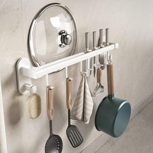 Mustorn Hakenleiste Küche ohne Bohren Küchenhaken Selbstklebend Haken Küche Küchenstange Küchenreling Stange für Küchenutensilien Küchenleiste mit 6 Bewegliche Haken Küchenstange 40cm(Weiß)