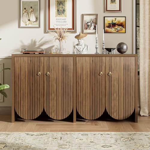 Elegante aparador de color nogal – 147 × 40 × 80 cm con 4 puertas, estantes ajustables y asas de aluminio – Armario de almacenamiento versátil para salón, comedor y pasillo