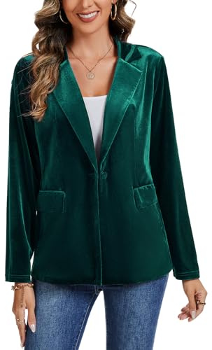Kyzoeyou Women's Velvet Blazer Suit Casual Long Sleeve Jacket Ladies Office Work Notched Collar Coats Button Down Blazers with Pockets(Lake Green Medium)
