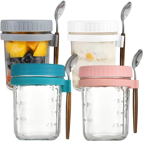 Jnjnyng 4 Pots d'avoine pour la Nuit avec couvercles et cuillères, utilisés pour Conserver Les céréales, Le Lait et Le yogourt dans des Bouteilles d'avoine pour la Nuit
