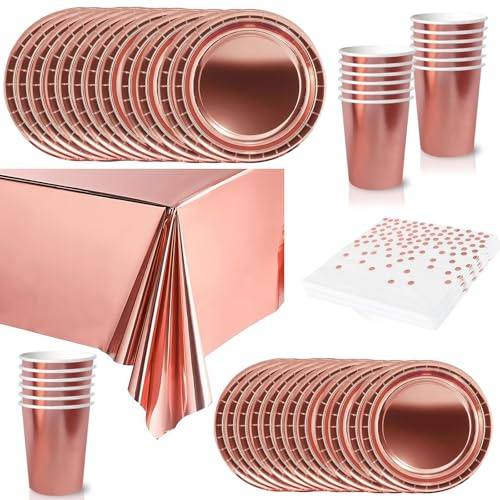 65 piezas Juego de Vajilla Desechable Oro Rosa Foil,Platos Desechable Decoración Cumpleaños Fiesta Compostables,Platos Servilletas Biodegradable Copa de Papel y Mantel,para Bodas,Picnics,Baby Shower