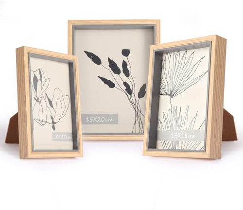 lincoolart Set di 3 cornici portafoto in legno per 10 x 15 13 x 18 15 x 20 cm, cornice in MDF con vetro acrilico infrangibile, decorazione da tavolo o da parete