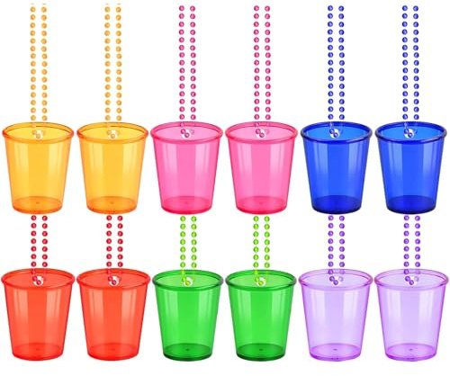 Party Pack Shot Glass Necklaces 36 Pcs, Plastic Shot Glasses Beads Hanging Loops, Halloween St. Patrick's Day Christmas Colorful Parties Bulk