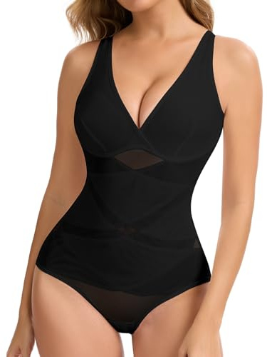 SHAPERIN Body Modellante Donna Pancia Piatta Push Up Shapewear Faja Body Shaper Dimagrante Tank Top Bodysuit Con Scollo a V, Nero, M