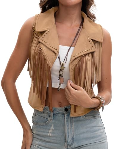 Maeau Women's Fringe Vest Western Vest Cowgirl Concert Outfits XS-L | Faux Suede Tassel Vest, Country Concert Cowboy Outfits, 70s Festival Outfits, Chic Rave Tank Tops