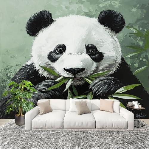 Mural Papel Pintado 3D 250x175cm Lindo Animal Panda Fotomurales Tejido No Tejido Antiarrugas Póster Verde Claro Murales Fotográfico Moderno Decoración de Paredes